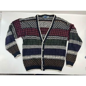Vintage 90s Etchings Sweater Mens‎ Large Black Colorful Heavyweight Cardigan Y2K